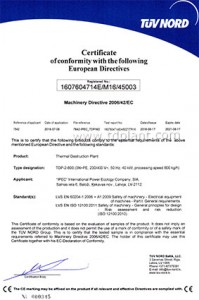 International certificate of compliance with Directive 2006/42/EC on machinery