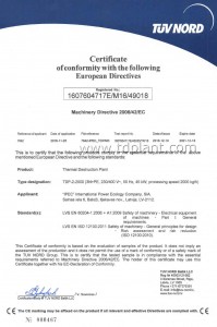International certificate of compliance with the requirements of the Directive 2006/42/EC on essential health and safety requirements of machinery for pyrolysis plant TDP-2-2000 